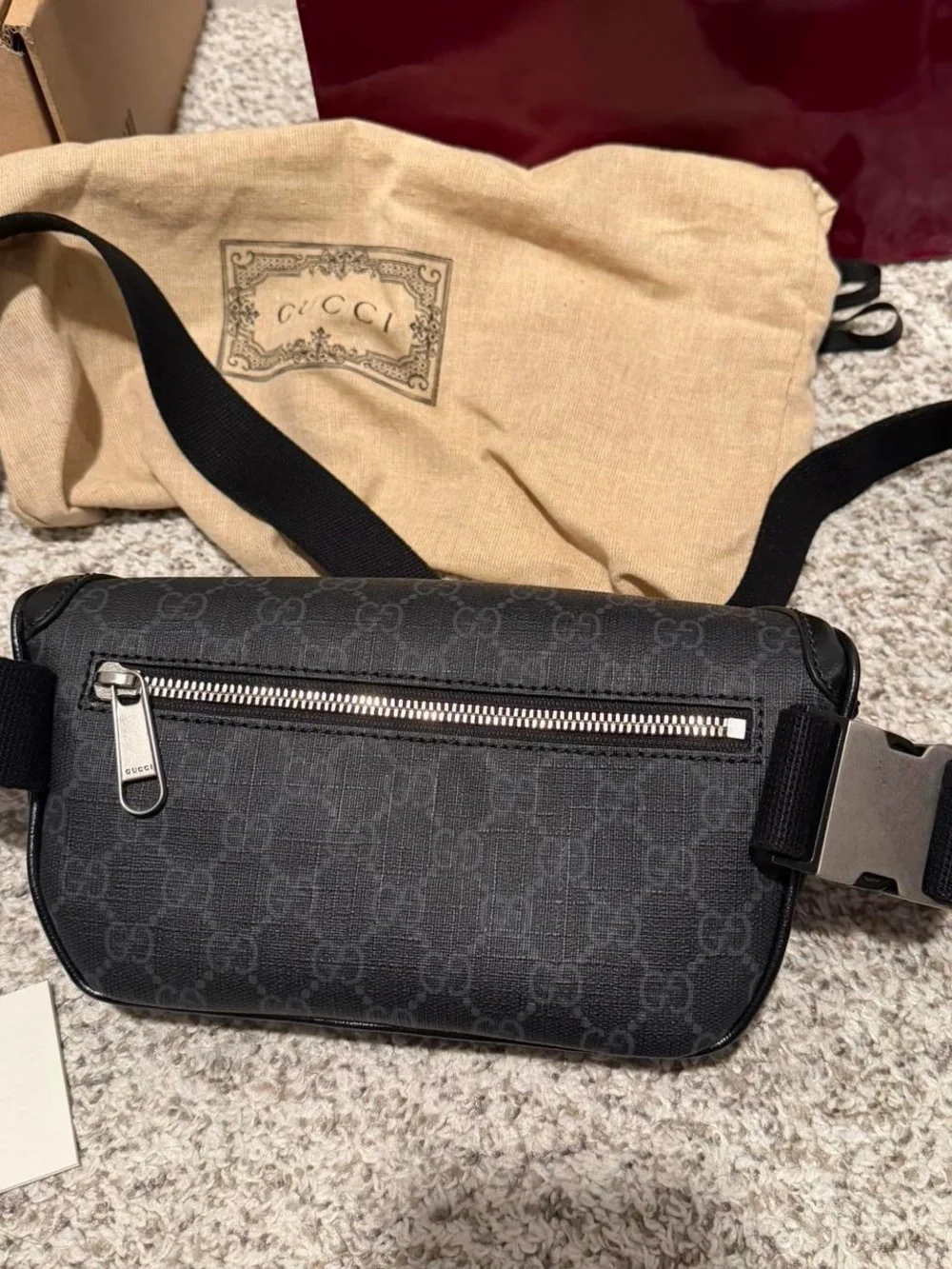 Gucci Black GG Monogram Belt Bag with Tonal Leather Trim